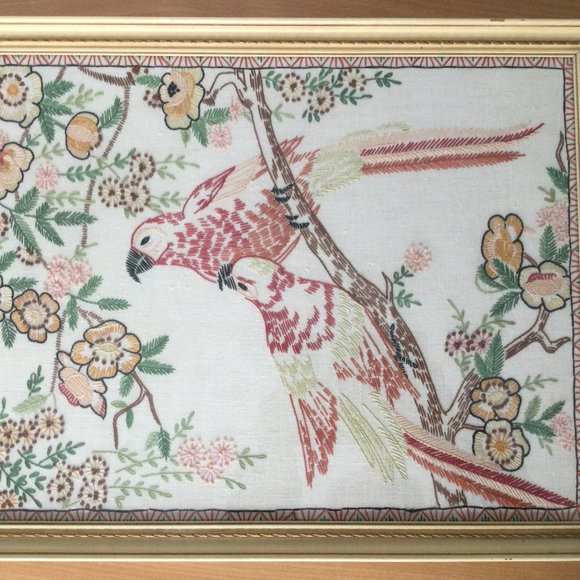 Vintage T.Eaton Co hand embroidery picture wall hangings framed flowers & birds - Picture 1 of 10